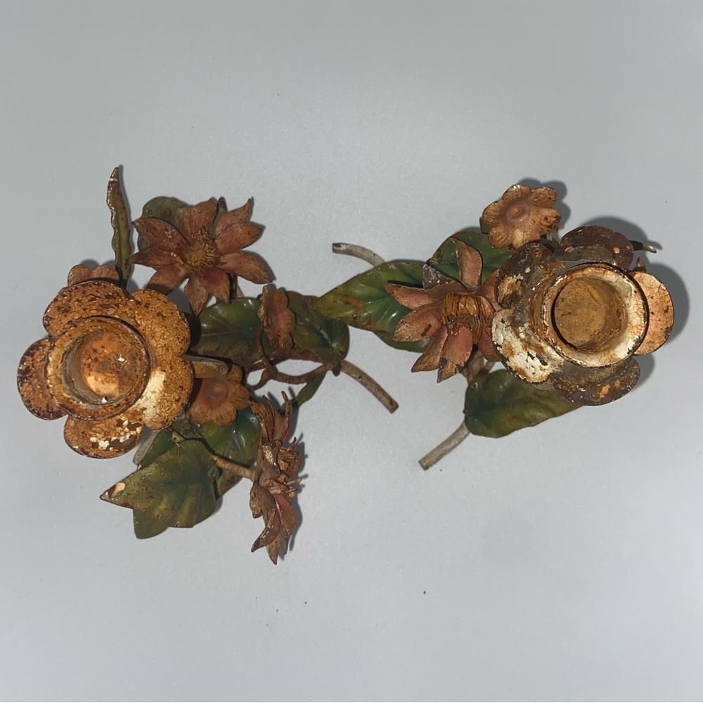 Vintage Tole Patina Floral Candle Holders - Picture 7 of 9